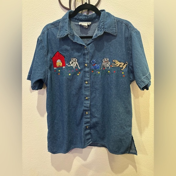 Effeci Vintage Embroidered Denim Shirt Puppy Dog Scene Size L - Picture 2 of 9